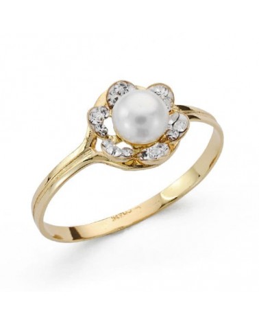 Sortija oro 18k flor perla circonita 8mm