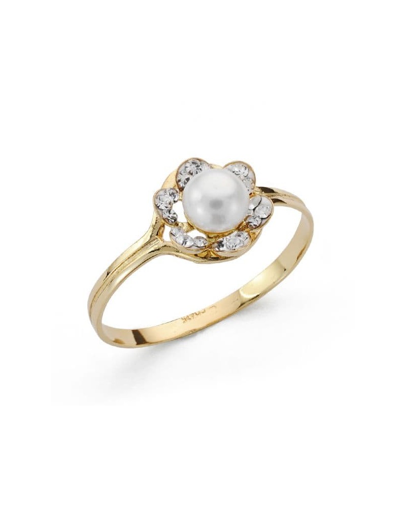 Sortija oro 18k flor perla circonita 8mm