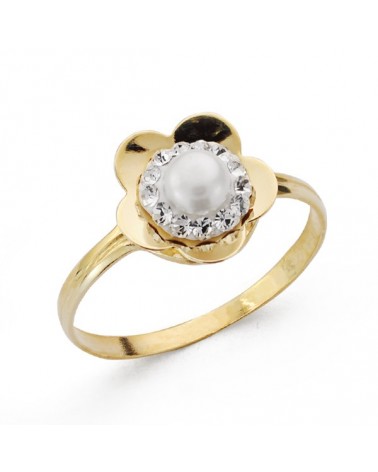 Anillo oro 18k flor perla circonitas
