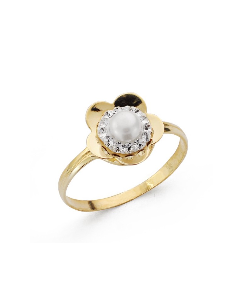 Anillo oro 18k flor perla circonitas