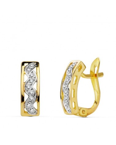 Pendientes oro 18k bicolor circonita cierre catalán 12x4mm