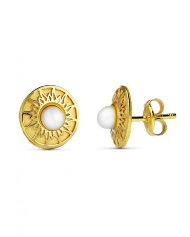 Pendientes oro 18k niña sol con perla 9mm