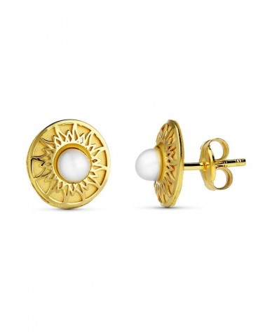 Pendientes oro 18k niña sol con perla 9mm