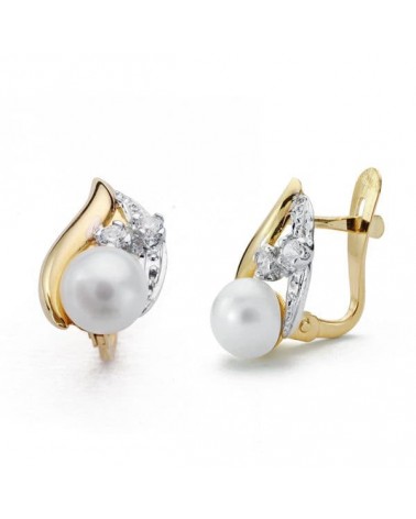 Pendientes oro 18k bicolor comunión perla circonita