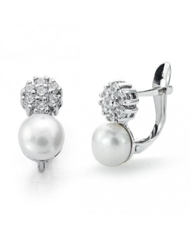 Pendientes oro blanco 18k perla circonita cierre catalán