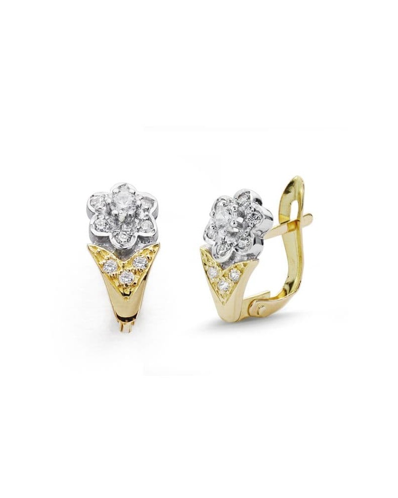Pendientes oro 18k bicolor flor circonita cierre catalán