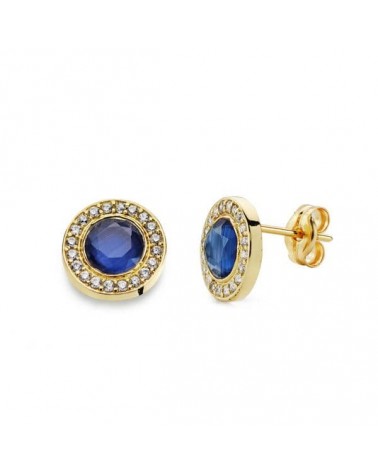 Pendientes oro 18k circonita azul 5mm cierre presión