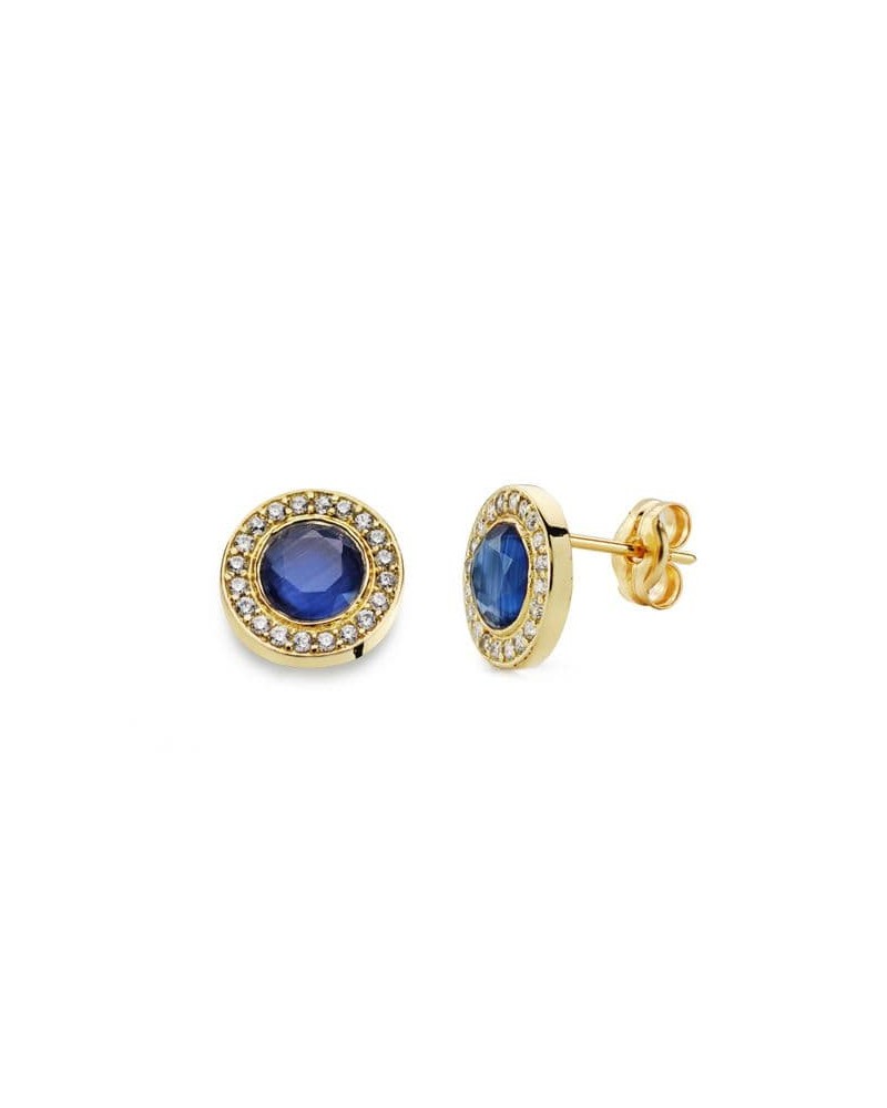 Pendientes oro 18k circonita azul 5mm cierre presión