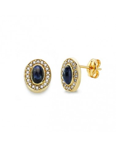 Pendientes oro 18k piedra azul oval circonitas 9x7 mm