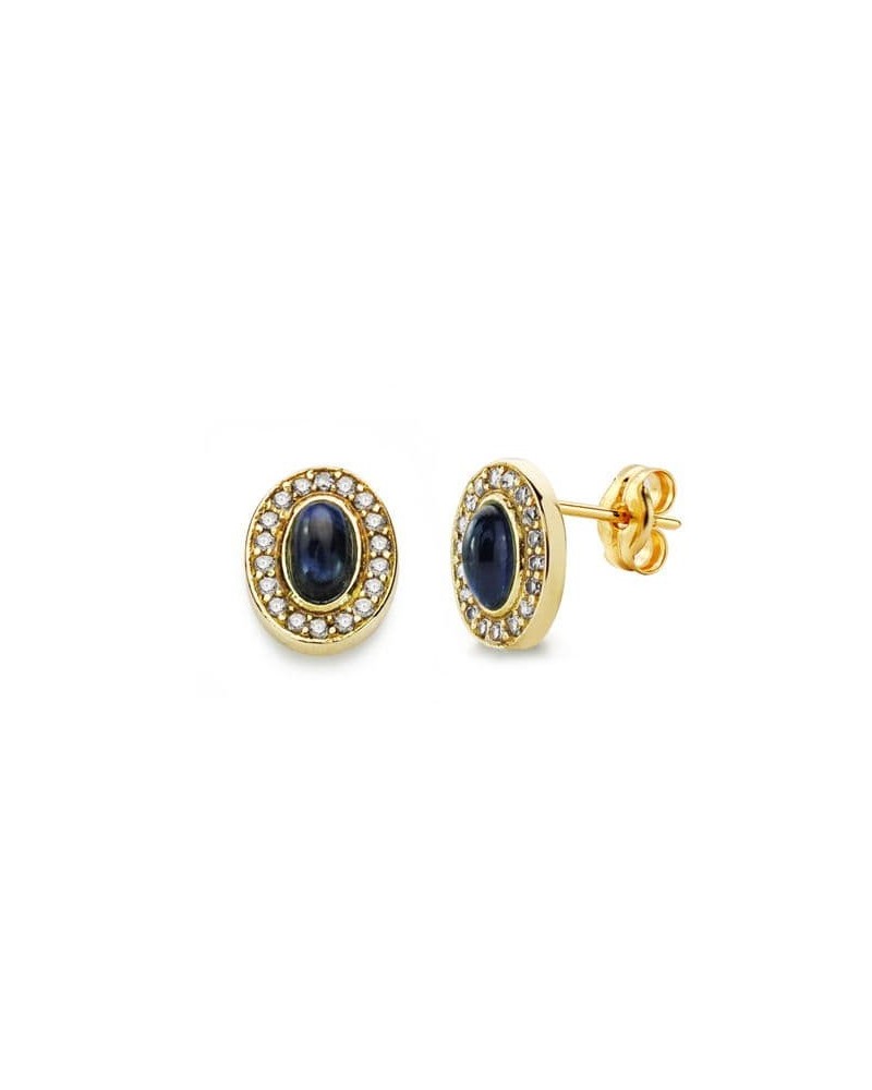 Pendientes oro 18k piedra azul oval circonitas 9x7 mm