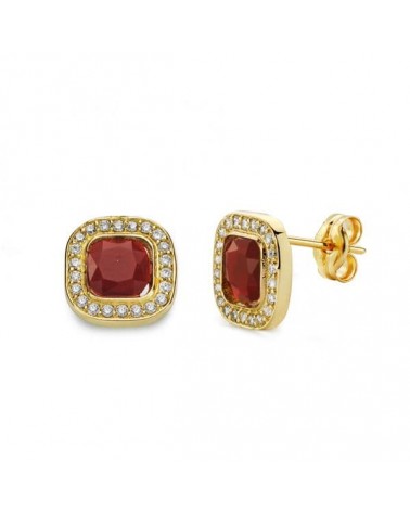 Pendientes oro 18k piedra roja orla circonitas 9x9 mm