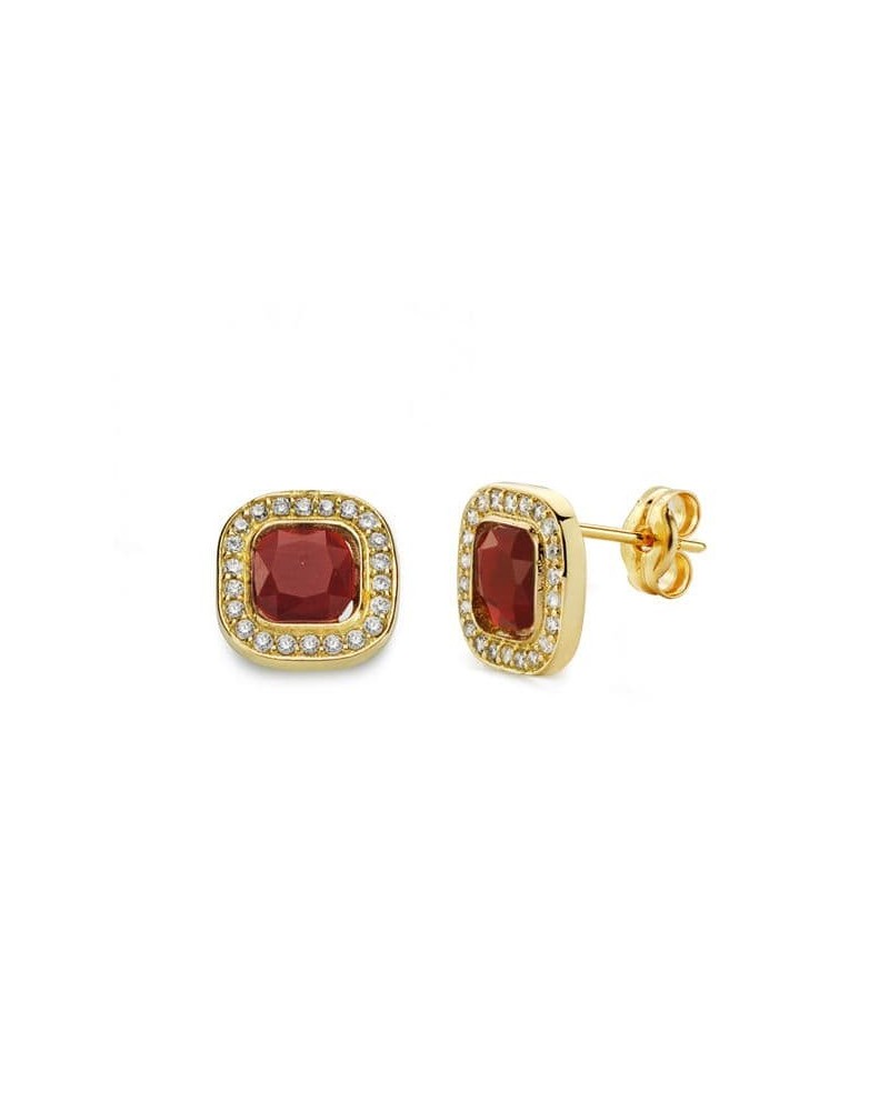 Pendientes oro 18k piedra roja orla circonitas 9x9 mm