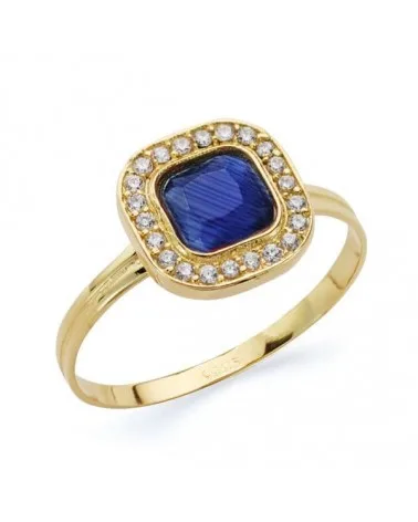Sortija oro 18k cuadrado circonita azul y blancas