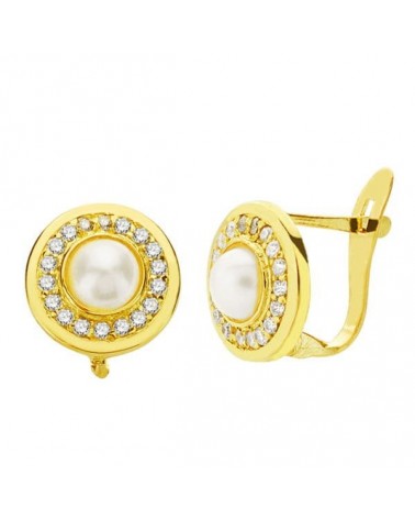 Pendientes oro 18k perla circonita 9mm cierre catalán