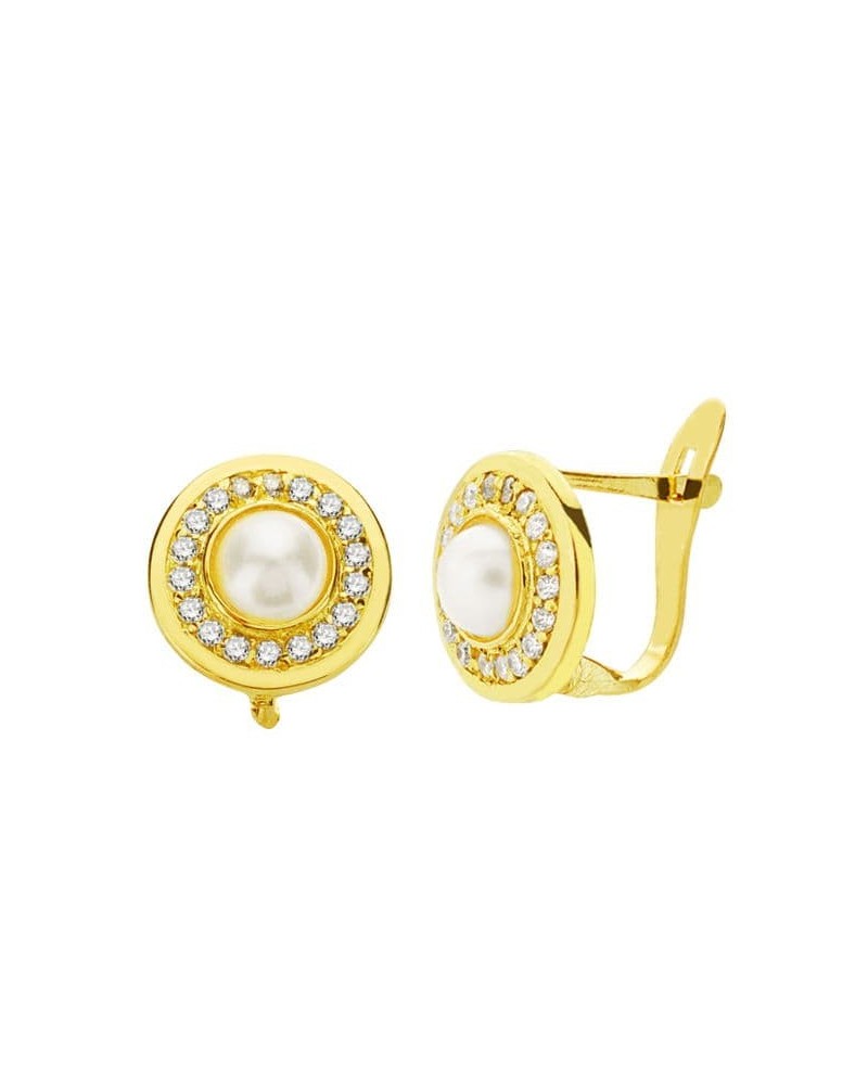Pendientes oro 18k perla circonita 9mm cierre catalán