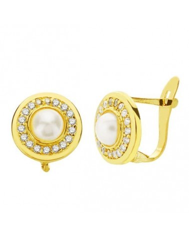 Pendientes oro 18k perla circonita 9mm cierre catalán