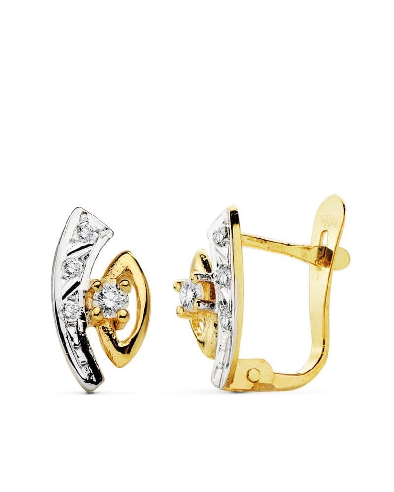 Pendientes oro 18k bicolor circonita cierre catalán 11x5mm