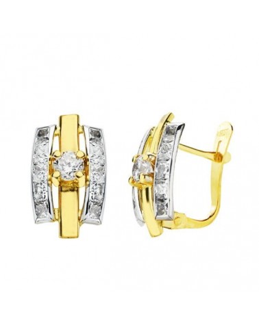 Pendientes oro 18k bicolor circonita cierre catalán 13x7 mm