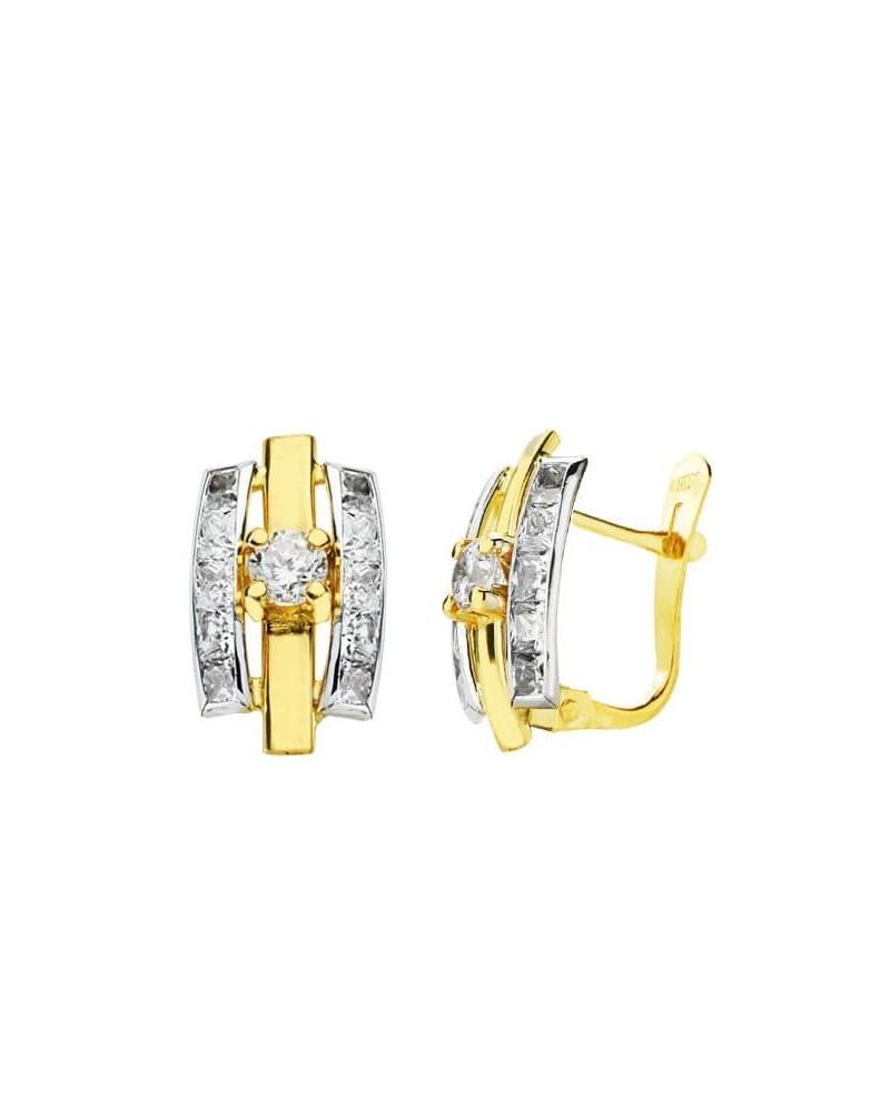 Pendientes oro 18k bicolor circonita cierre catalán 13x7 mm