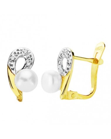 Pendientes oro 18k bicolor perla 10x6 mm cierre catalán