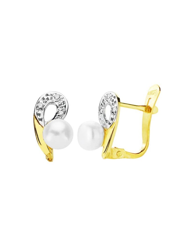 Pendientes oro 18k bicolor perla 10x6 mm cierre catalán