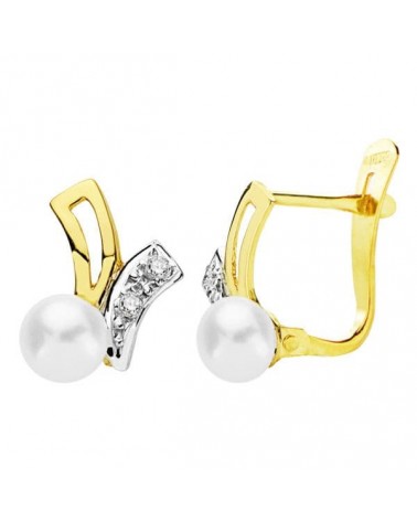 Pendientes oro 18k bicolor perla cierre catalán 11x8mm