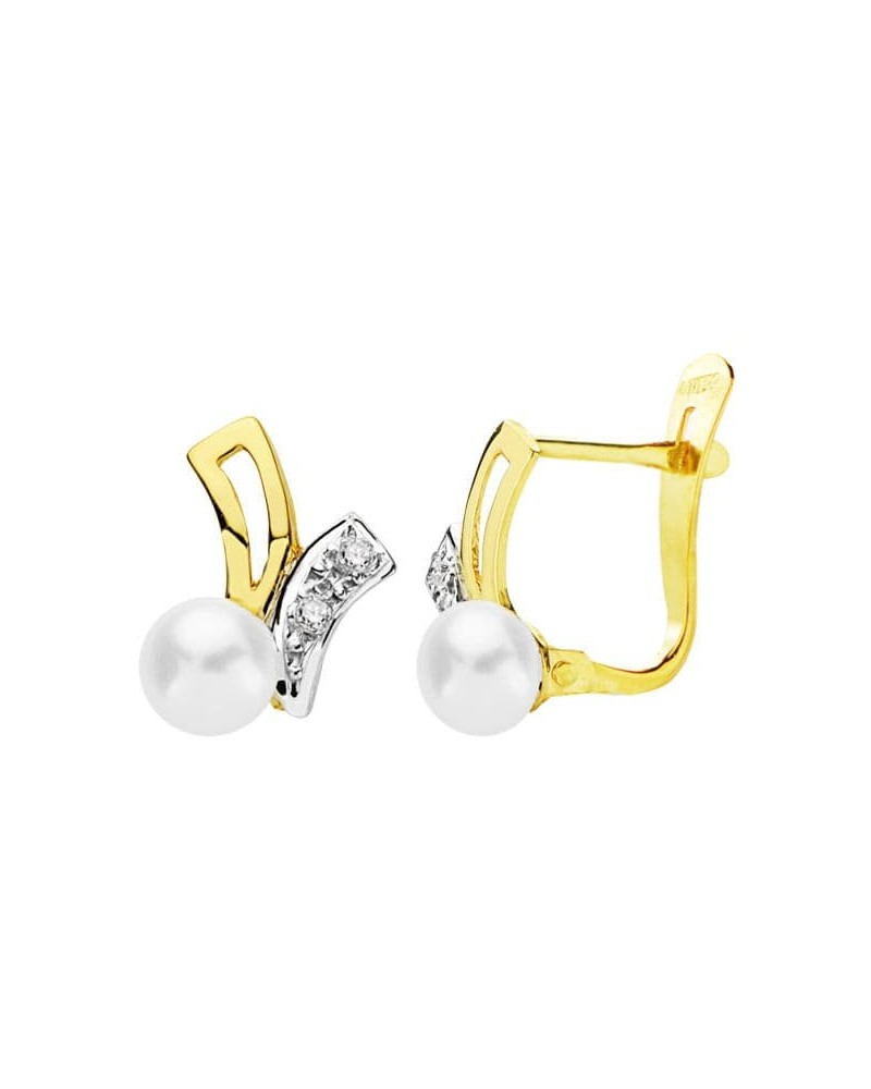 Pendientes oro 18k bicolor perla cierre catalán 11x8mm