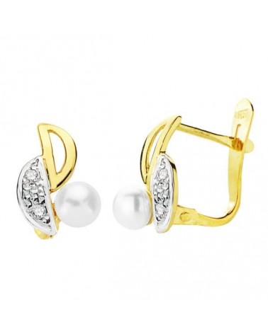 Pendientes oro 18k bicolor perla cierre catalán 11x6 mm