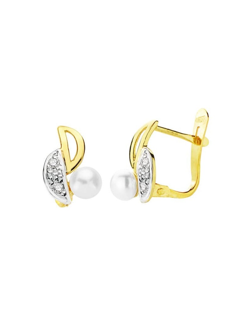 Pendientes oro 18k bicolor perla cierre catalán 11x6 mm