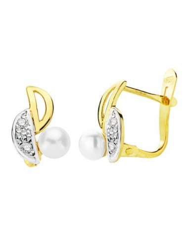 Pendientes oro 18k bicolor perla cierre catalán 11x6 mm