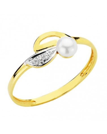 Sortija oro 18k bicolor perla circonitas comunión