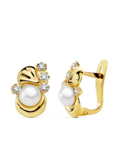 Pendientes oro 18k perla circonita cierre catalán 12x8 mm