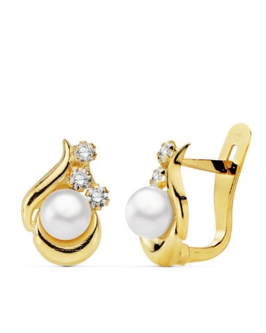 Pendientes oro 18k perla circonita cierre catalán 11x8mm