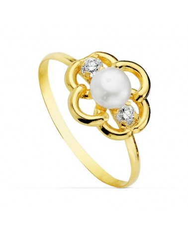 Sortija oro 18k perla circonitas motivo flor