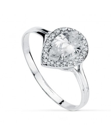 Sortija oro blanco 18k circonita lágrima 10x8mm