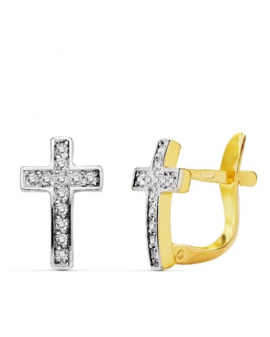 Pendientes oro 18k bicolor cruz circonita cierre catalán