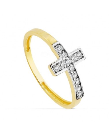 Sortija oro 18k bicolor cruz circonitas 8mm