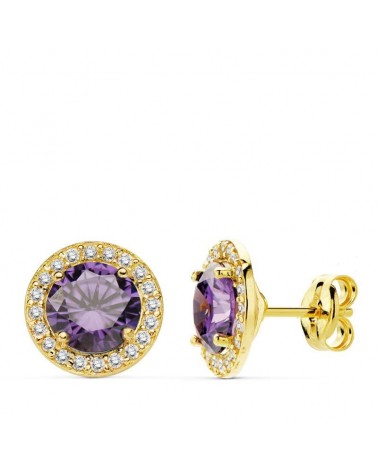 Pendientes oro 18k amatista circonita 9mm presión