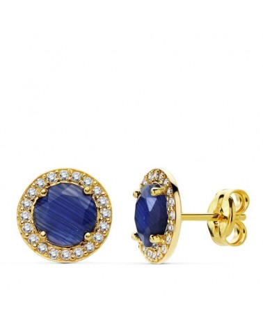 Pendientes oro 18k circonita azul 9mm cierre presión