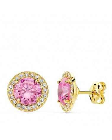 Pendientes oro 18k rosa circonita 9mm cierre presión