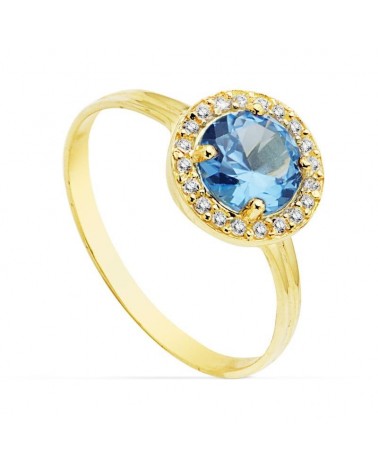 Sortija oro 18k piedra azul orla circonitas 9mm