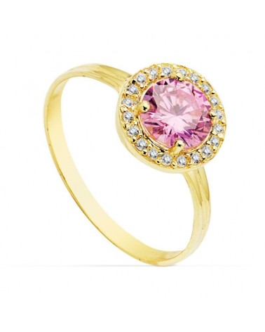 Sortija oro amarillo 18k circonita rosa 6mm