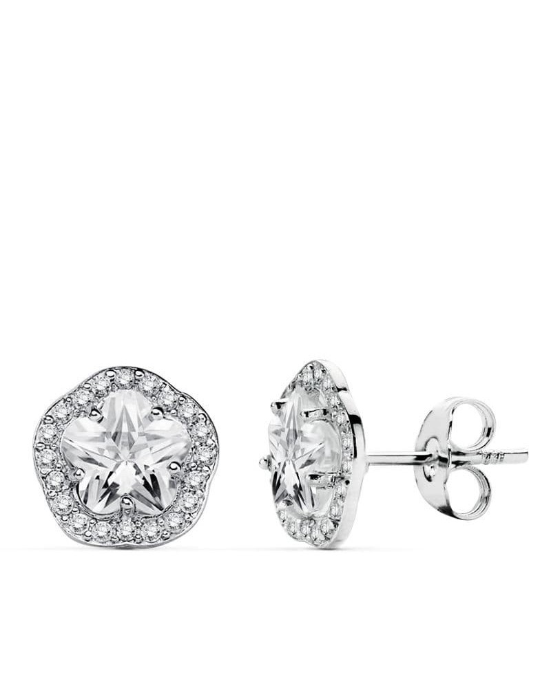Pendientes oro 18k blanco flor circonita 9mm
