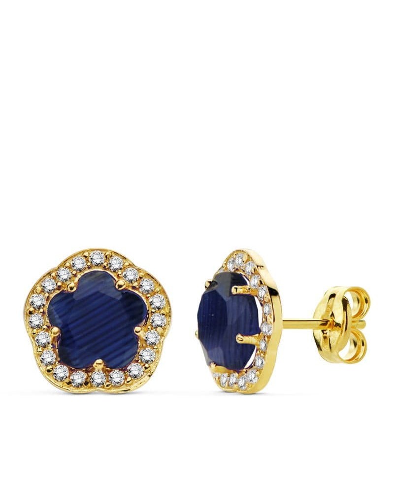 Pendientes oro 18k flor piedra azul 9x9 mm
