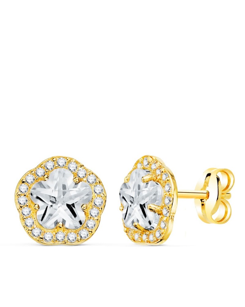 Pendientes oro 18k flor circonita 9x9mm cierre presión