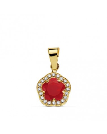 Colgante oro 18k flor piedra roja circonitas 9x9mm