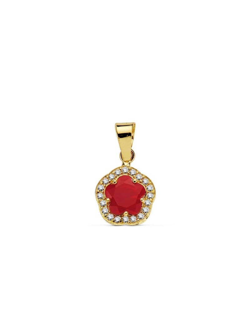 Colgante oro 18k flor piedra roja circonitas 9x9mm