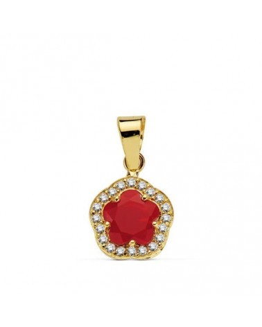 Colgante oro 18k flor piedra roja circonitas 9x9mm