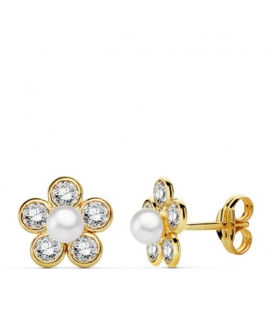 Pendientes oro 18k flor circonita 9x9 mm presión