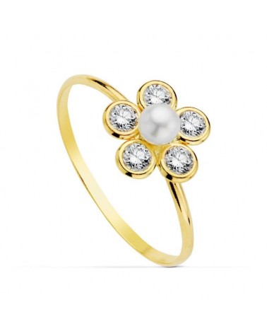 Anillo oro 18k flor perla circonitas comunión